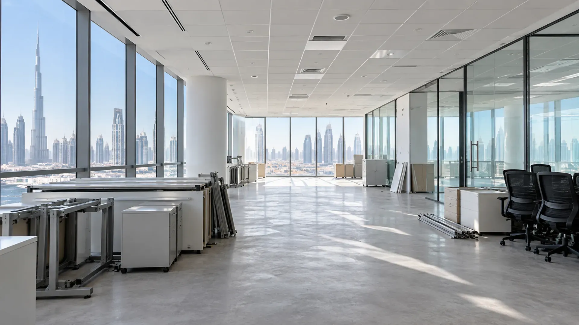 A bright office floor with furniture and loose fixtures organised beside a clear central route.