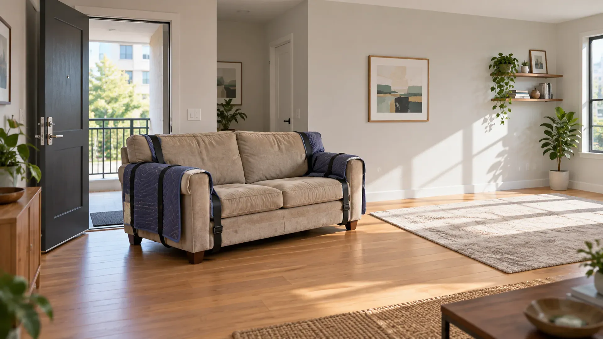 An old beige sofa prepared for removal beside an open apartment doorway and a cleared living-room space.