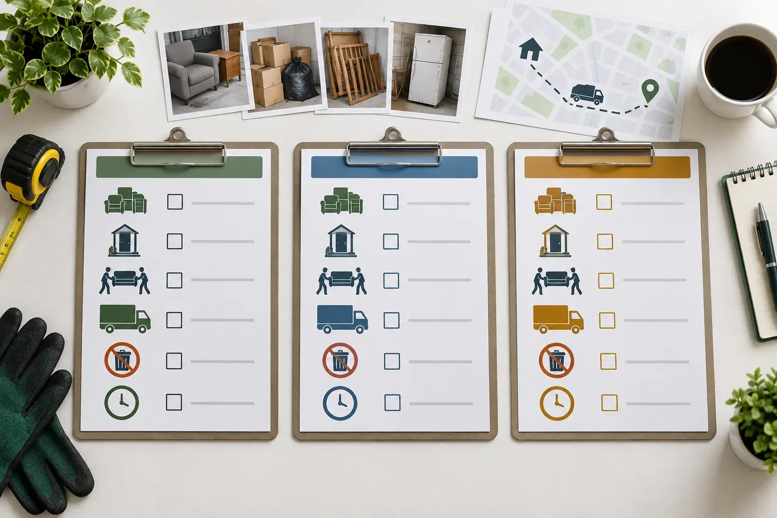 Three equally weighted quote sheets beside a photo inventory and route sketch with matching service icons.