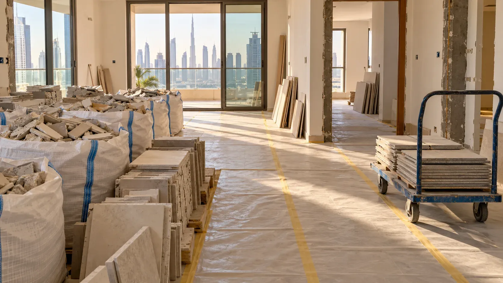 Contained bags of tile debris and stacked offcuts beside a protected route in a generic apartment renovation.