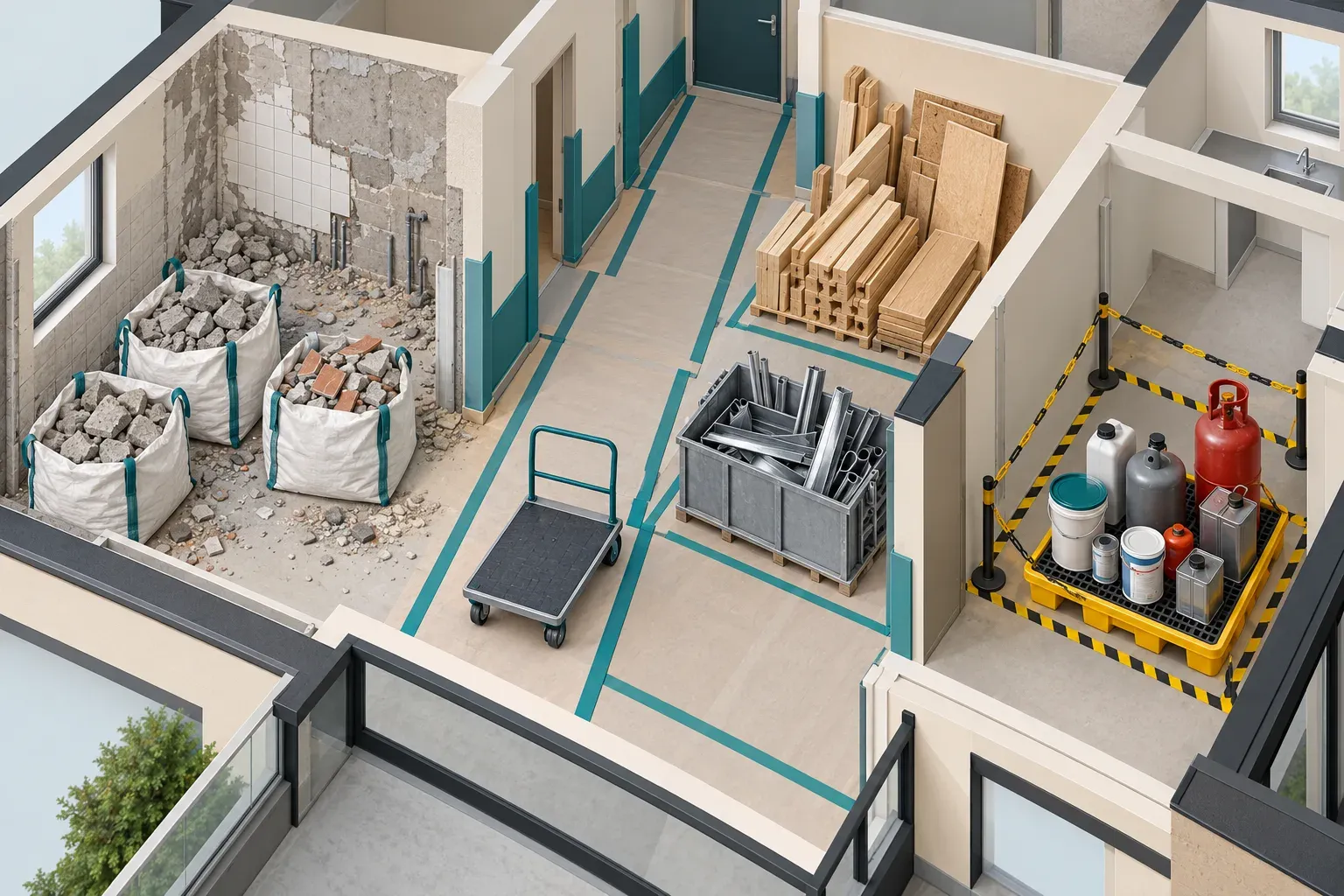An isometric apartment plan separating bagged rubble, wood and metal offcuts, and isolated paint and gas containers.