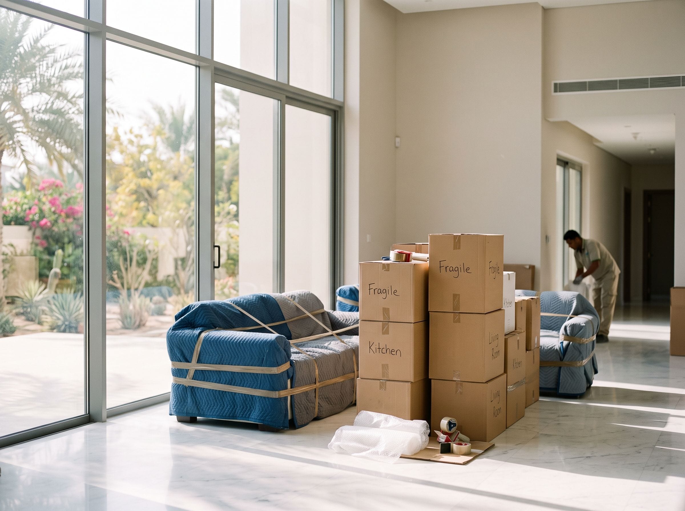 A wrapped sofa and armchair with labelled boxes ready for removal in a bright villa room with garden views
