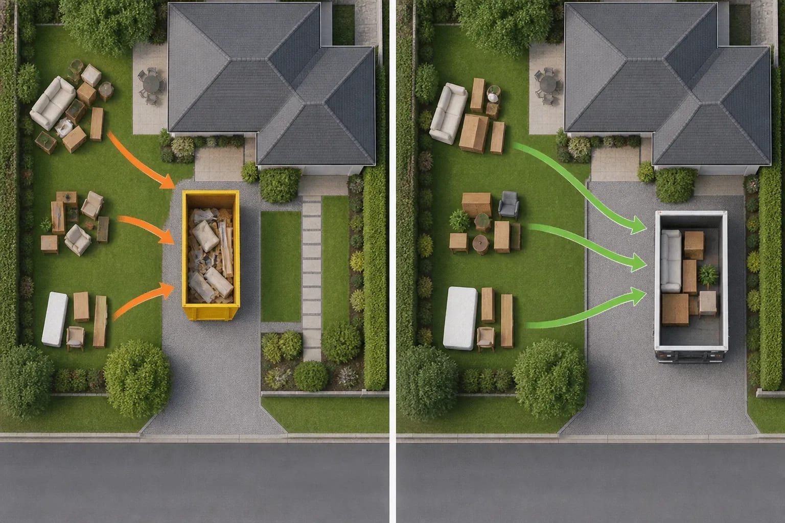A split top-down property plan comparing repeated loading into a skip with direct loading into a collection vehicle.
