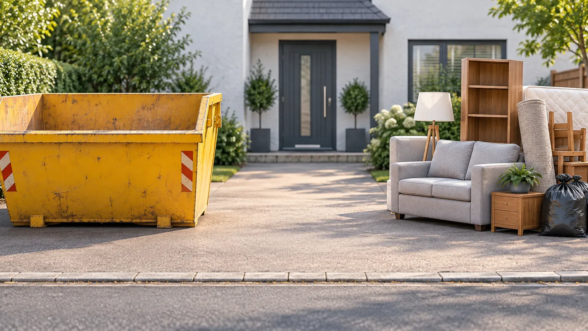An empty skip beside a driveway, separated from a grouped sofa, shelving, mattress, rug and bags ready for collection.