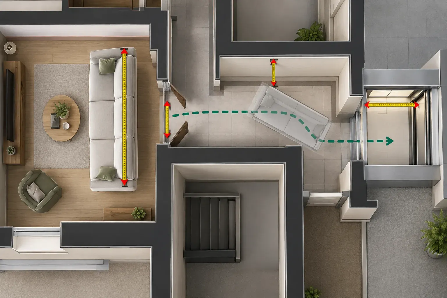 A top-down apartment plan showing a sofa route through a measured doorway and corridor to a lift.