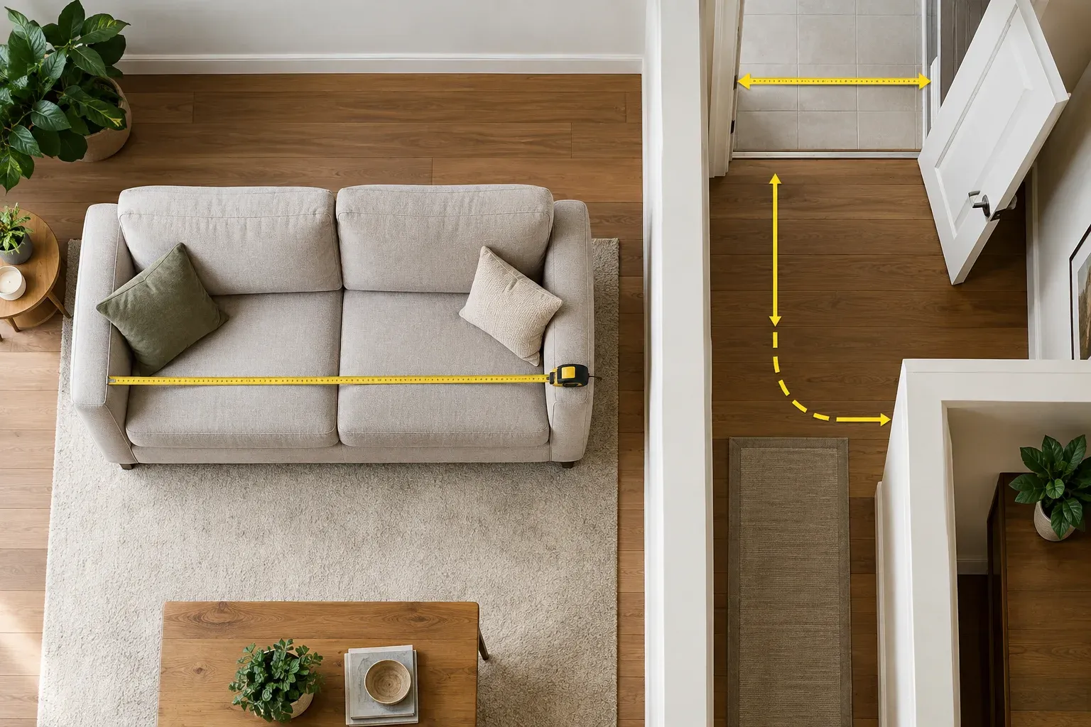 A top-down illustration of a sofa and doorway route with measuring tapes and turning arrows.