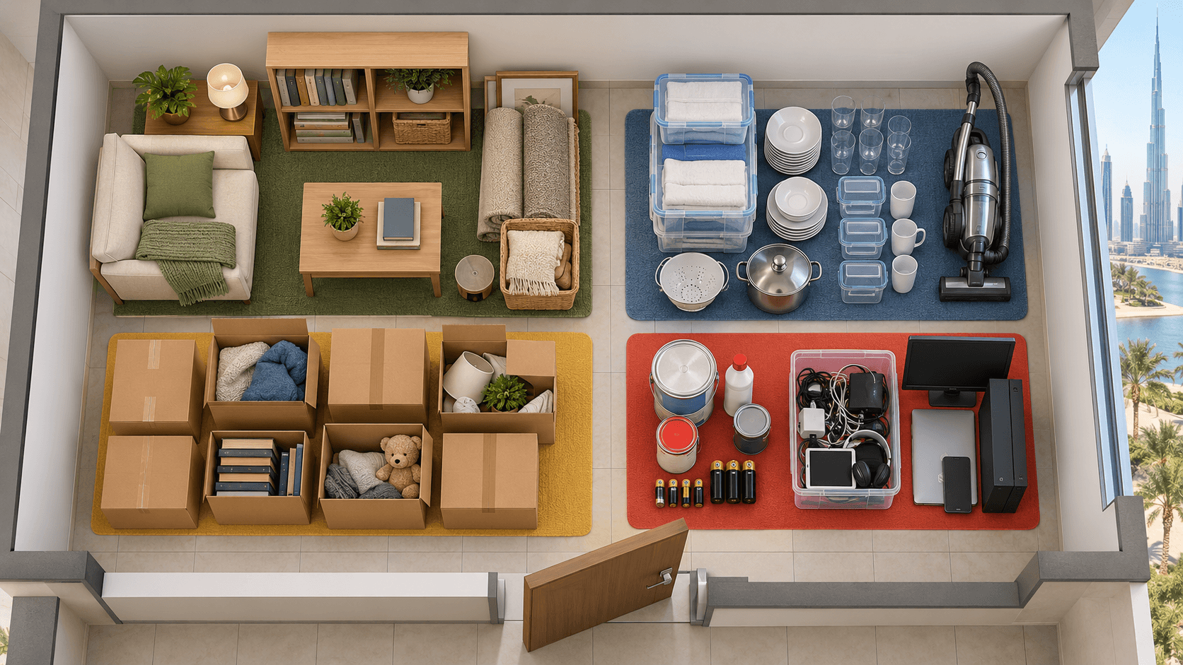 Four sorting zones for belongings from a storage room