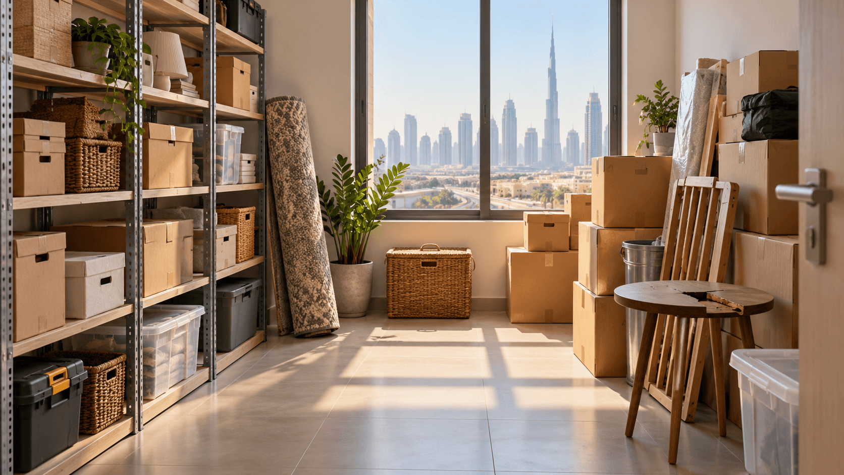 Shelves, boxes, a rolled rug and a worn table in a sunlit storage room.