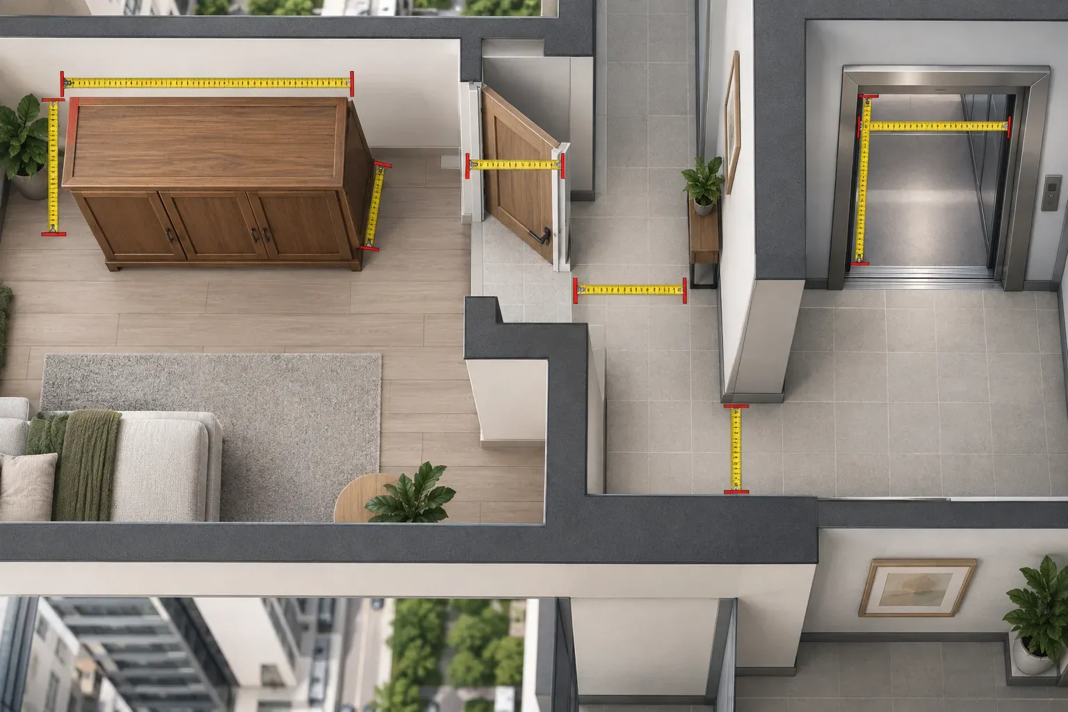 A top-down apartment route with a cabinet, doorways, corridor turns and lift opening marked by measuring tapes.