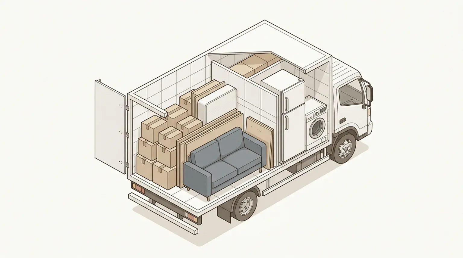 An architectural isometric cutaway diagram of a standard 3-ton clearance truck showing modular volume sections packed with household furniture, appliances, and stacked cartons.