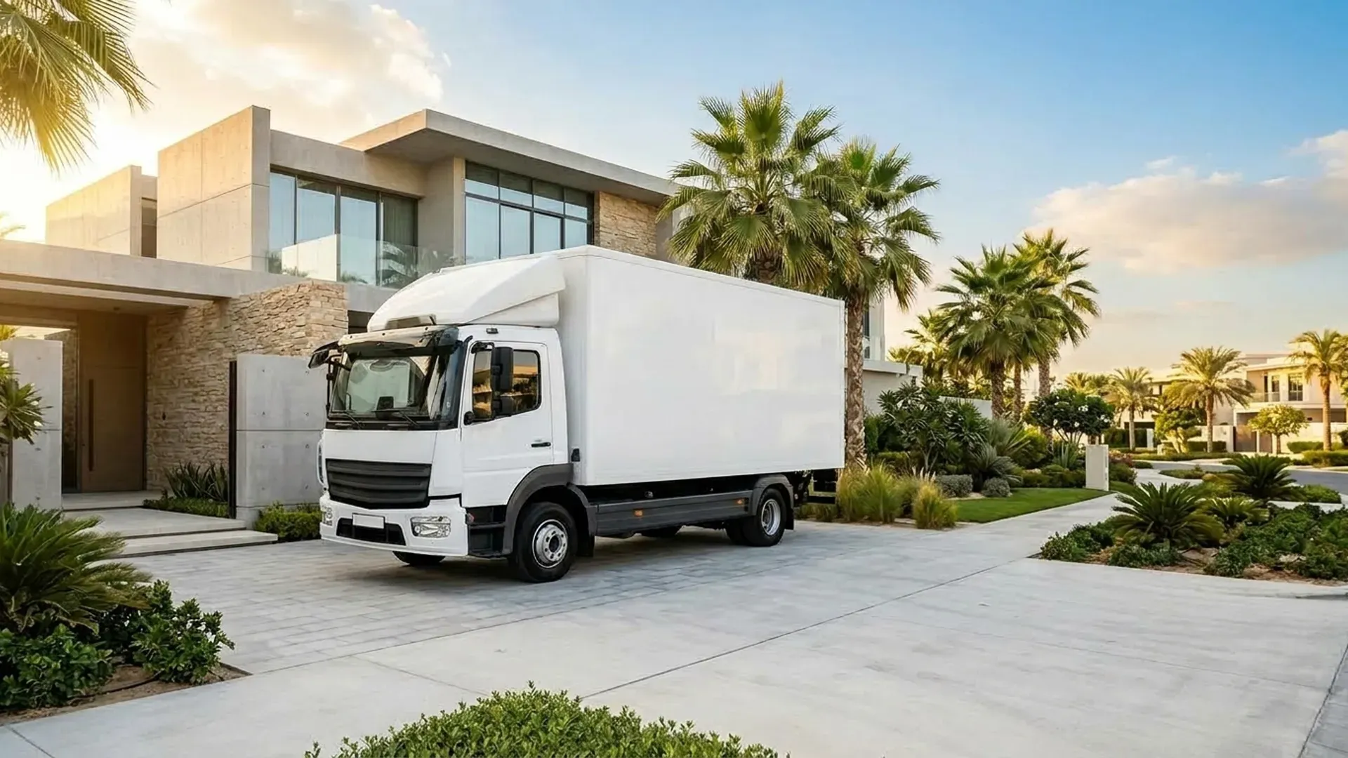 A contemporary editorial photograph of a pristine, unbranded white commercial 3-ton covered box truck parked in a clean paved driveway of a modern Dubai residential villa.