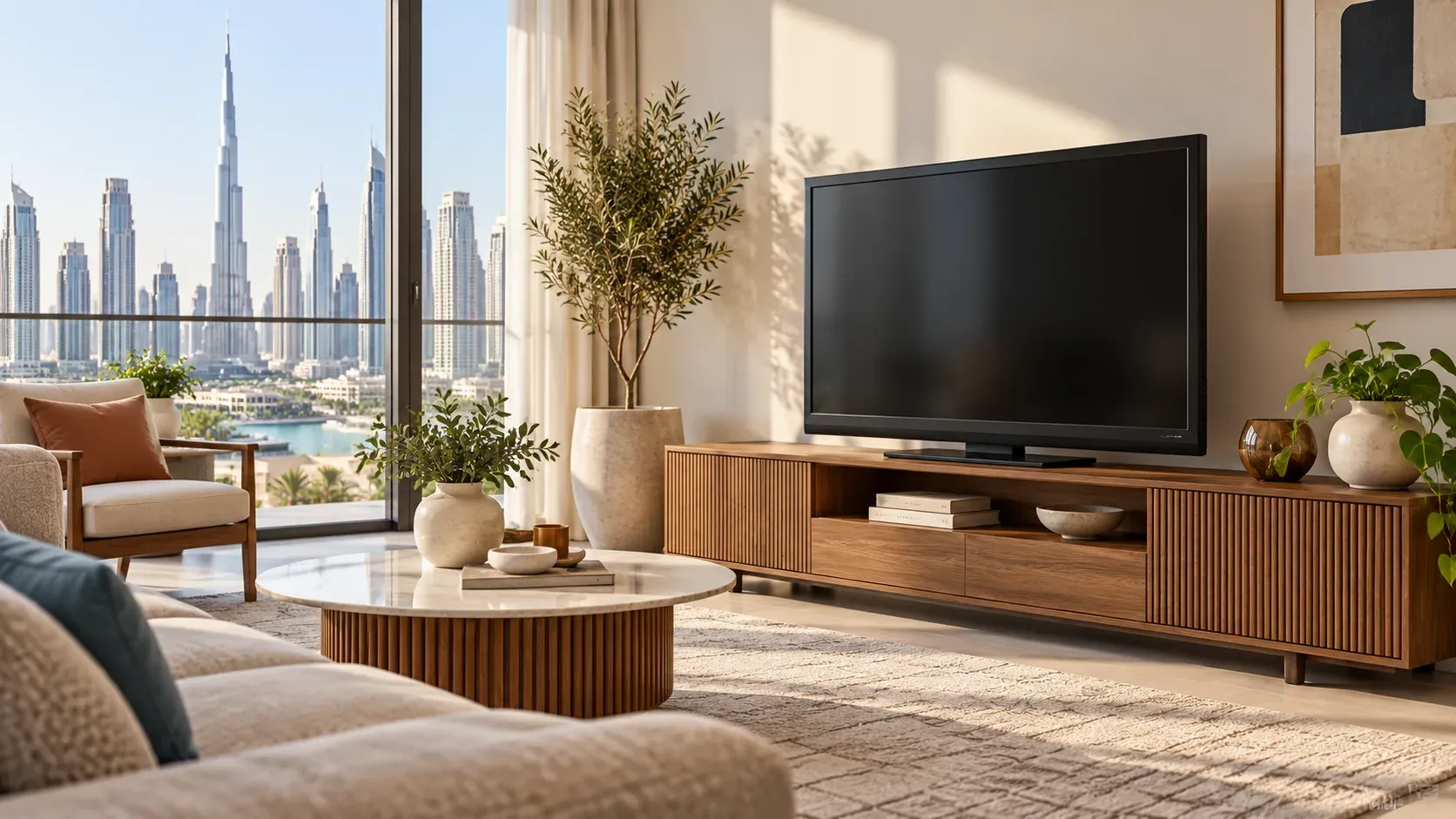 An older flat-screen television on a console in a bright, generic apartment living room.