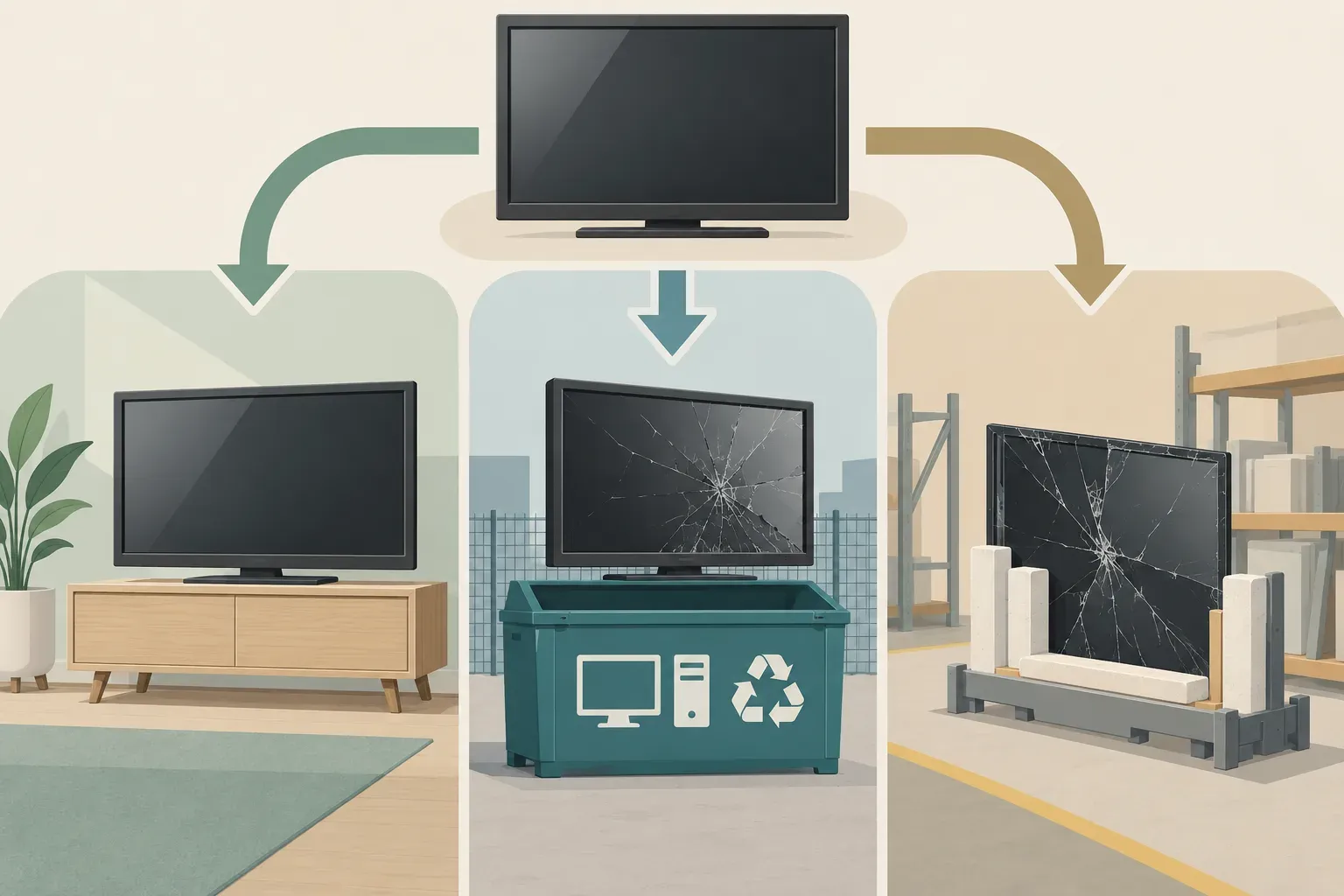 An illustration comparing a working TV for reuse, a broken TV for e-waste collection, and a damaged screen protected for handling.