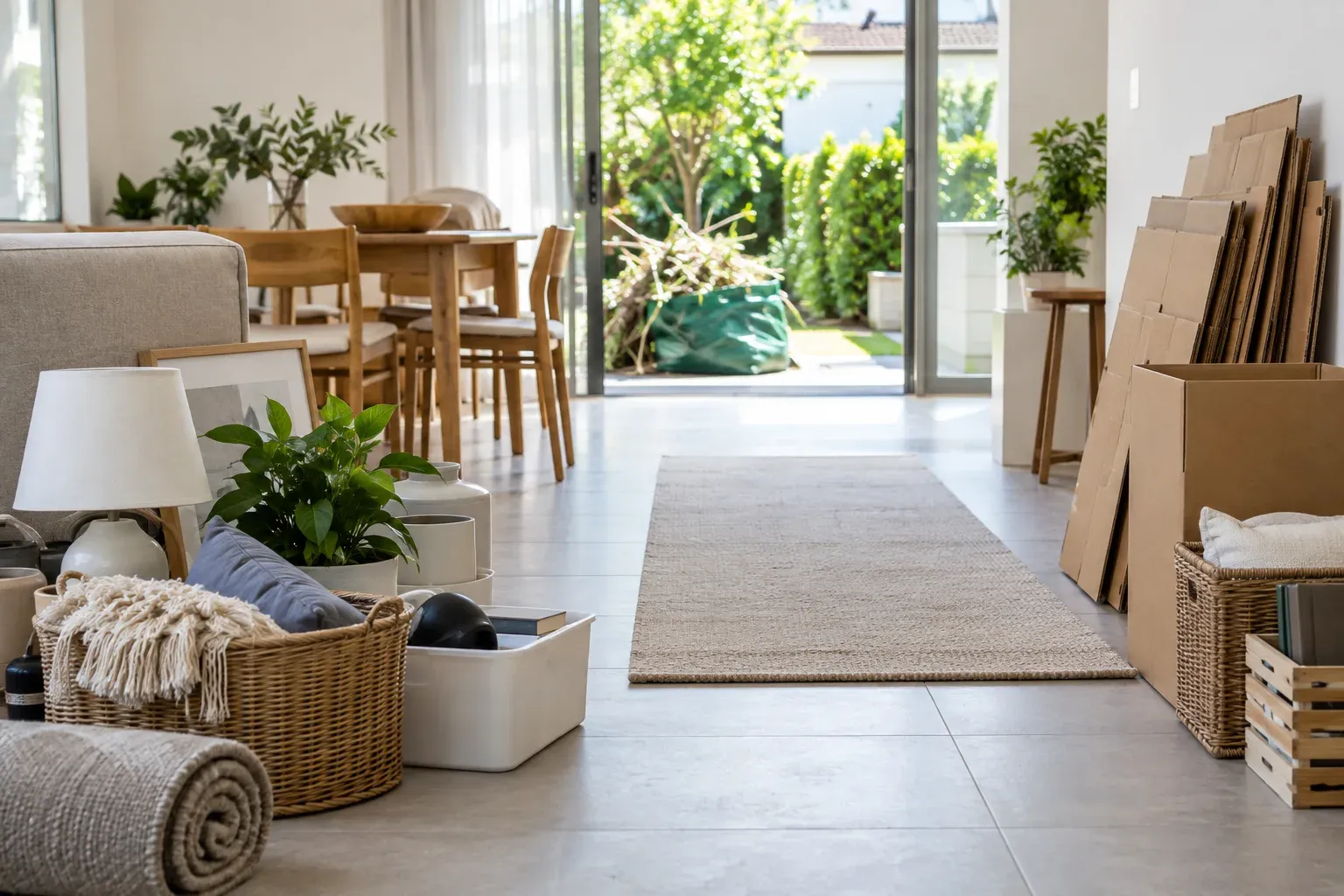 Household items grouped beside a clear route through a villa to an open patio.