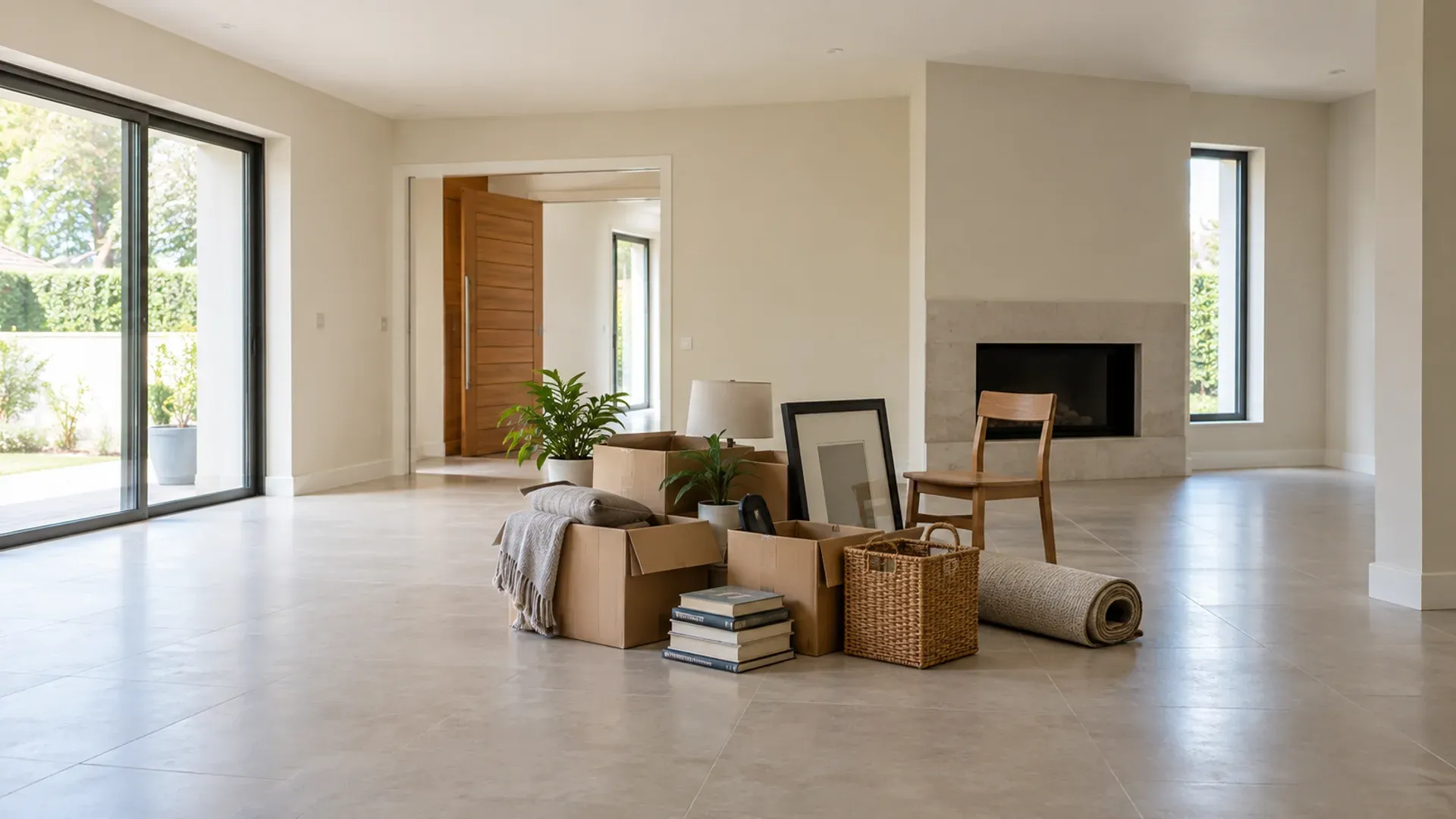 A mostly empty villa living room with a small group of household items ready to be removed.