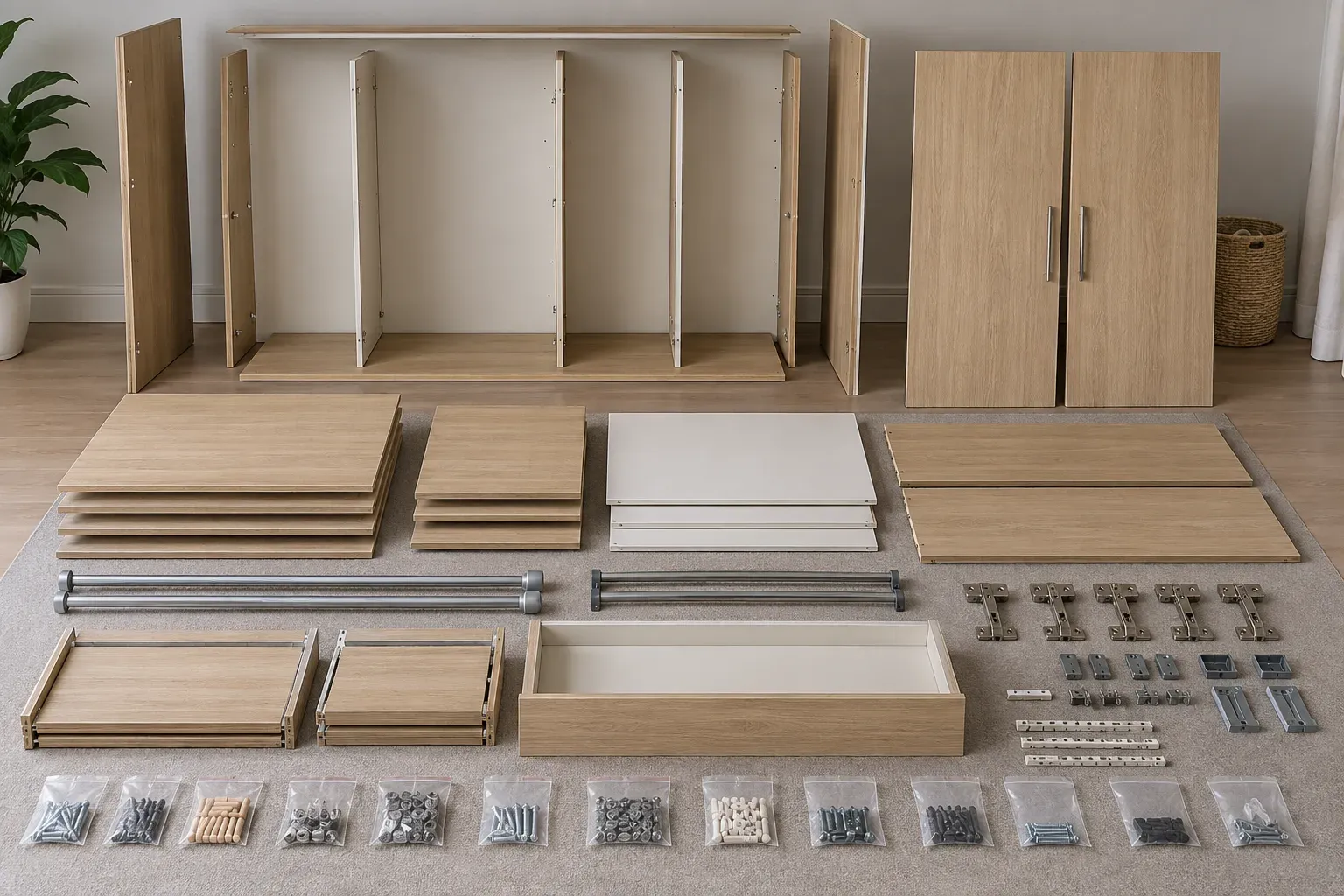 Wardrobe doors, shelves, rails, panels and hardware arranged in organised groups on a clean floor.