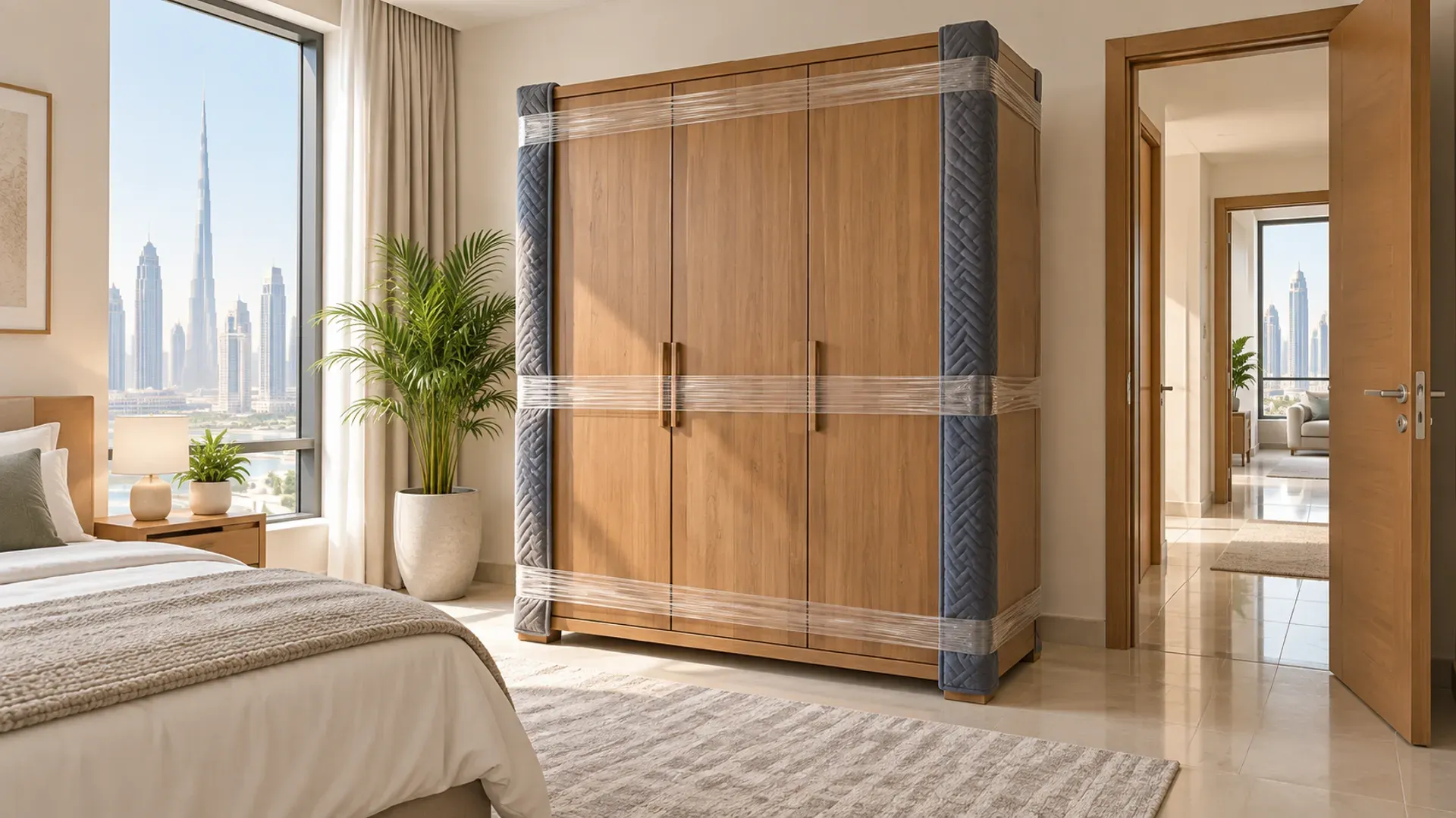 A large wooden wardrobe protected with padded corners and wrap beside a clear bedroom doorway.