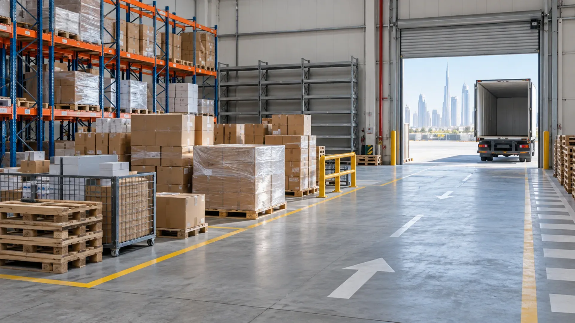 An organised warehouse with retained stock, a separate clearance zone and an unobstructed route to the loading shutter.