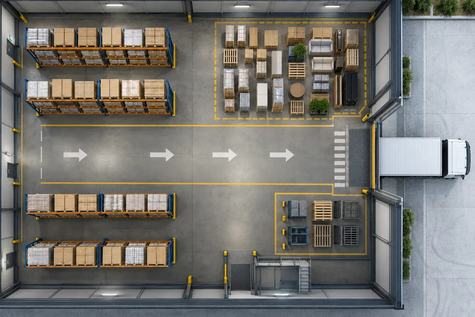 A top-down warehouse plan showing protected stock, an organised clearance staging zone and a broad route to the loading door.