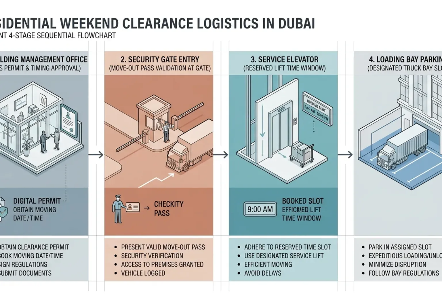 A weekend clearance planning diagram showing Saturday and Sunday security office hours, service lift booking windows, and loading bay access checkpoints.