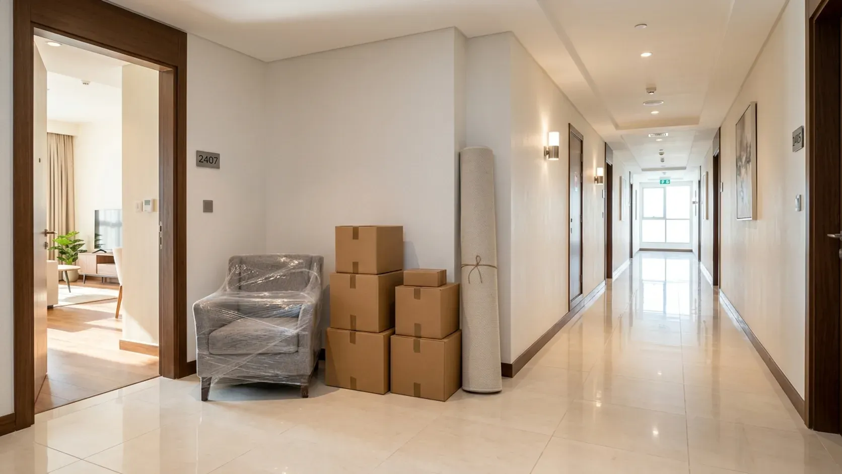 A residential Dubai apartment corridor and open doorway with household items staged neatly for a scheduled weekend clearance.