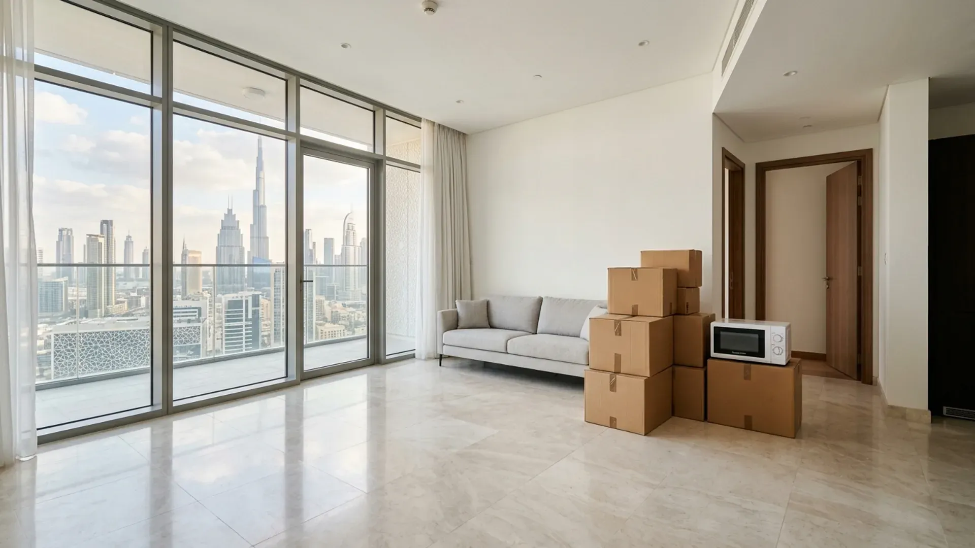 A bright, modern Dubai apartment living room with an organized collection of a fabric sofa, stacked moving boxes, and an appliance staged safely beside an open interior doorway.